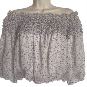 Y2K Max Studio London Top S Off Shoulder Cropped Boho Smocked Ruffed Puff Sleeve